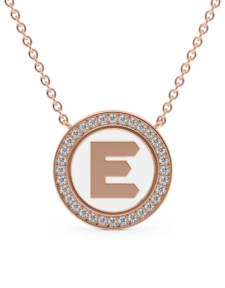 14K Rose Gold White E Initial Disk Pendant