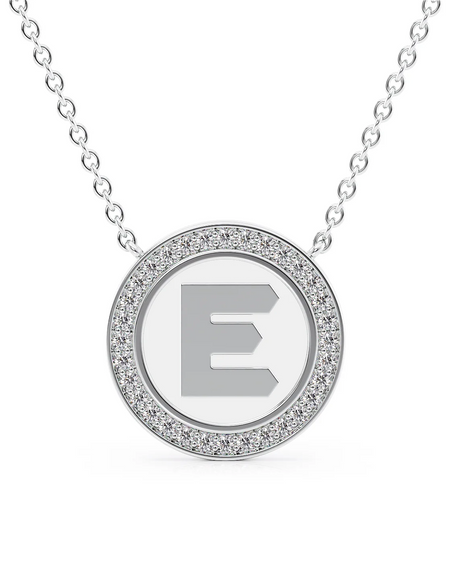 14K White Gold White E Initial Disk Pendant