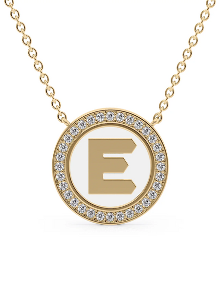 14K Yellow Gold White E Initial Disk Pendant
