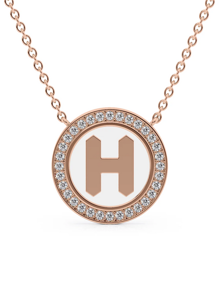 14K Rose Gold White H Initial Disk Pendant
