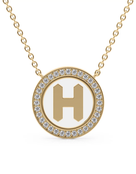 14K Yellow Gold White H Initial Disk Pendant