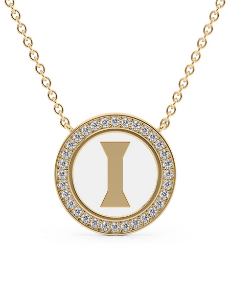 14K Yellow Gold White I Initial Disk Pendant