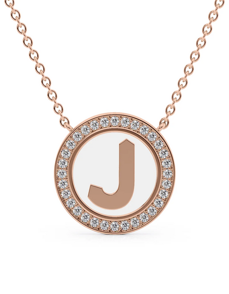 14K Rose Gold White J Initial Disk Pendant