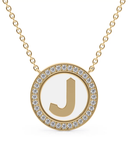 14K Yellow Gold White J Initial Disk Pendant