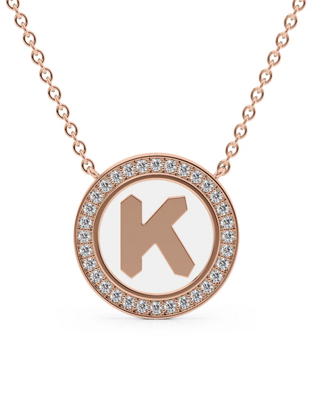 14K Rose Gold White K Initial Disk Pendant