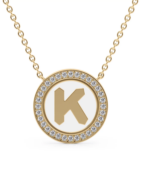 14K Yellow Gold White K Initial Disk Pendant