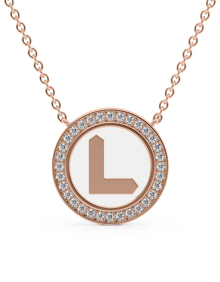 14K Rose Gold White L Initial Disk Pendant