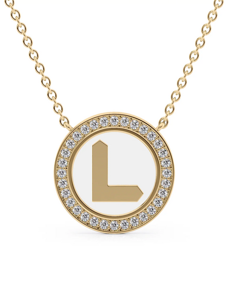 14K Yellow Gold White L Initial Disk Pendant