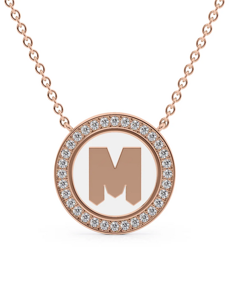 14K Rose Gold White M Initial Disk Pendant