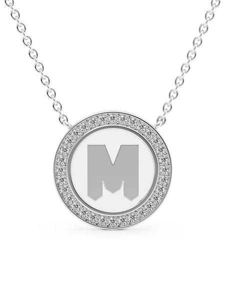 14K White Gold White M Initial Disk Pendant