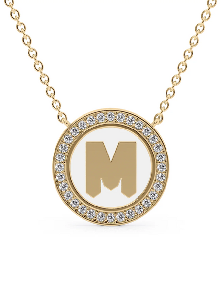 14K Yellow Gold White M Initial Disk Pendant