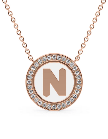 14K Rose Gold White N Initial Disk Pendant