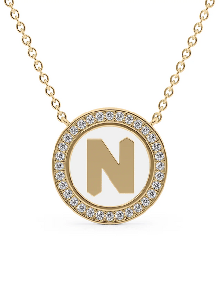 14K Yellow Gold White N Initial Disk Pendant