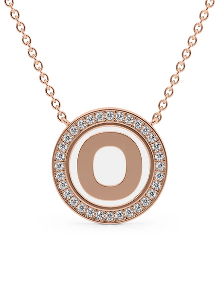 14K Rose Gold White O Initial Disk Pendant