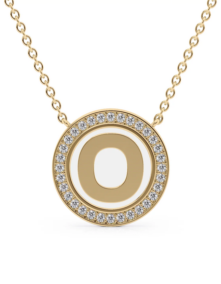 14K Yellow Gold White O Initial Disk Pendant