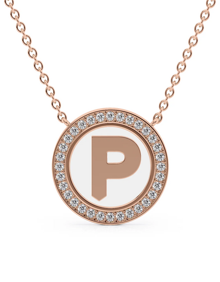 14K Rose Gold White P Initial Disk Pendant