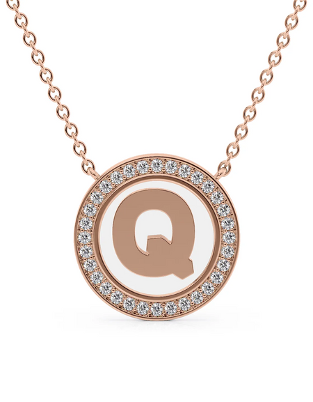 14K Rose Gold White Q Initial Disk Pendant