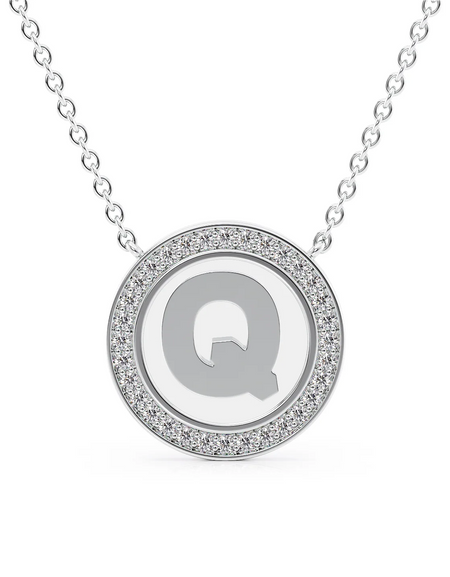 14K White Gold White Q Initial Disk Pendant
