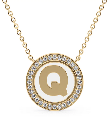 14K Yellow Gold White Q Initial Disk Pendant