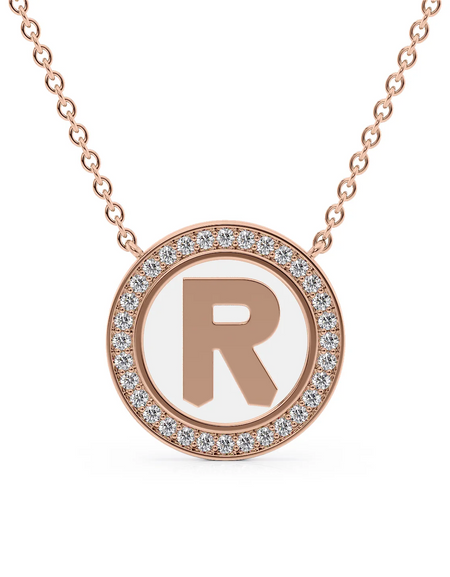 14K Rose Gold White R Initial Disk Pendant