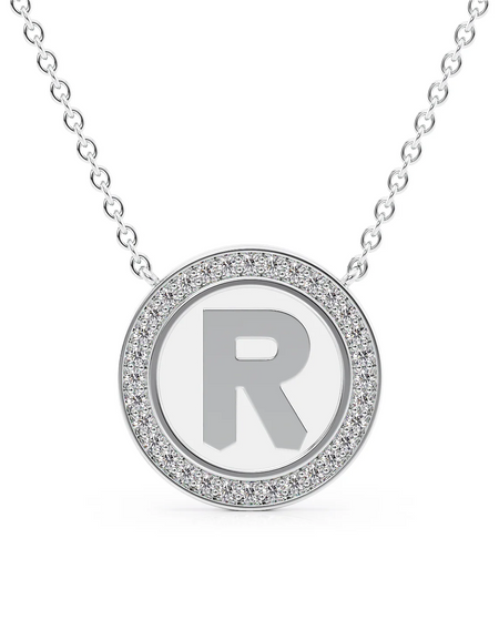 14K White Gold White R Initial Disk Pendant