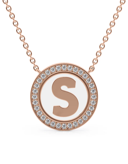 14K Rose Gold White S Initial Disk Pendant