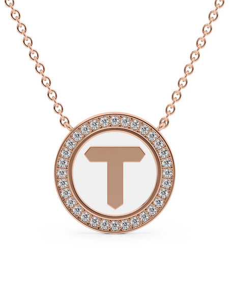 14K Rose Gold White T Initial Disk Pendant