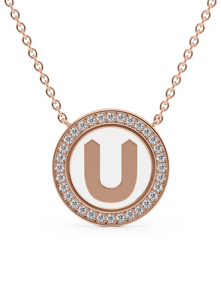 14K Rose Gold White U Initial Disk Pendant