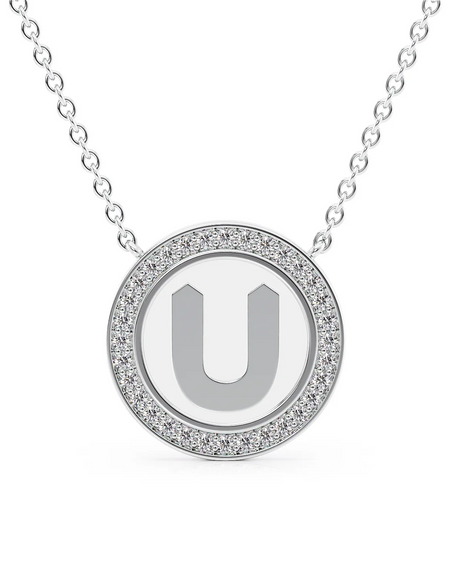 14K White Gold White U Initial Disk Pendant