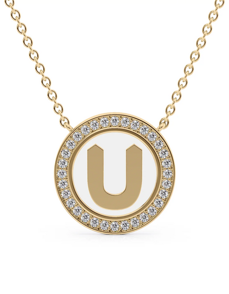 14K Yellow Gold White U Initial Disk Pendant