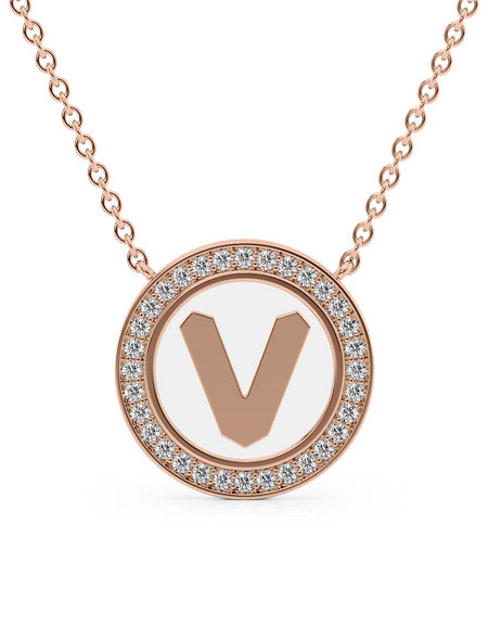14K Rose Gold White V Initial Disk Pendant