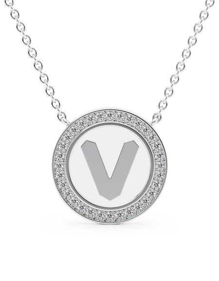 14K White Gold White V Initial Disk Pendant