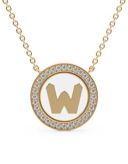14K Yellow Gold White W Initial Disk Pendant
