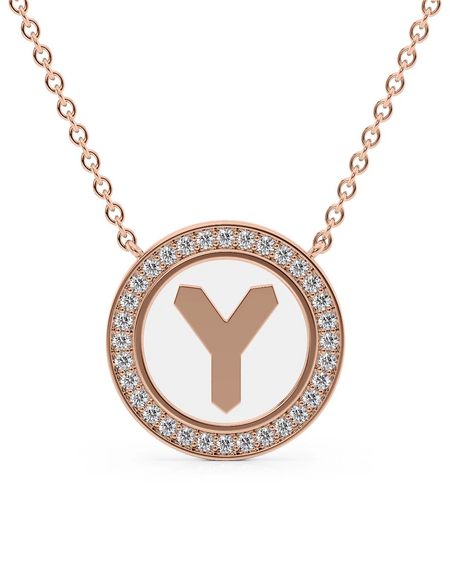 14K Rose Gold White Y Initial Disk Pendant