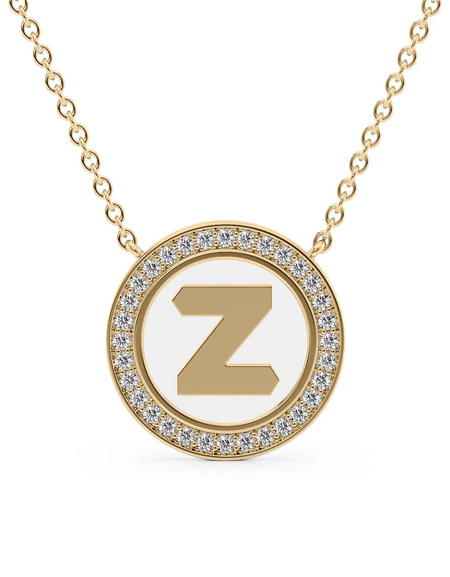 14K Yellow Gold White Z Initial Disk Pendant