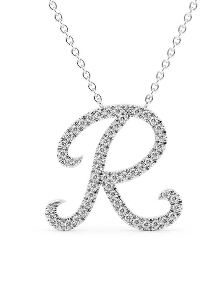 14K White Gold R Pave Initial Pendent