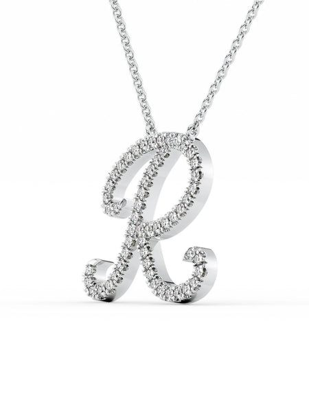 14K White Gold R Pave Initial Pendent