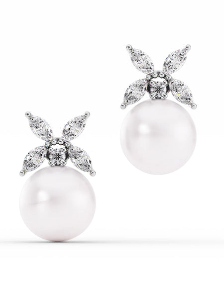 14K White Gold Clover Pearl Studs