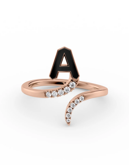 Black A 14K Rose Gold Initial Letter Dainty Ring