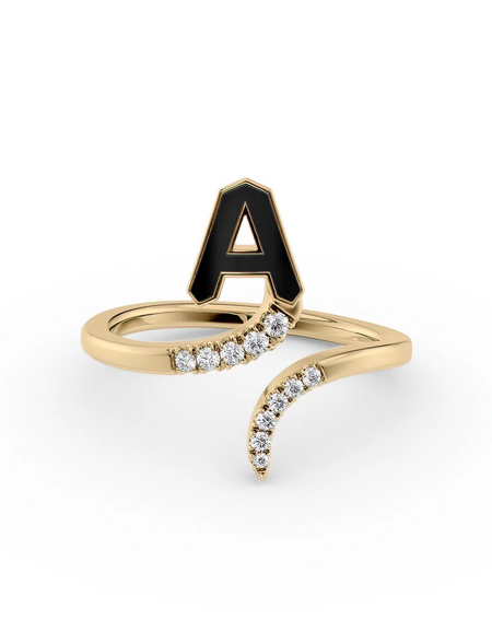 Black A 14K Yellow Gold Initial Letter Dainty Ring
