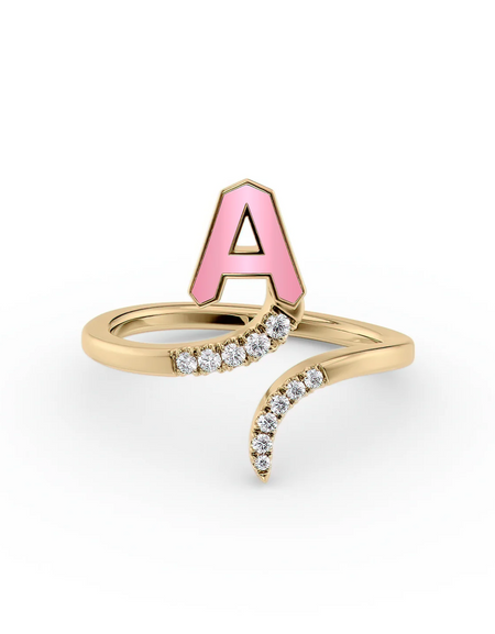 Pink A 14K Yellow Gold Initial Letter Dainty Ring