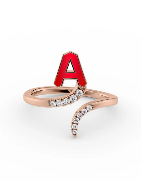 Red A 14K Rose Gold Initial Letter Dainty Ring