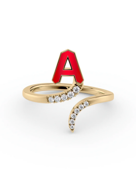 Red A 14K Yellow Gold Initial Letter Dainty Ring