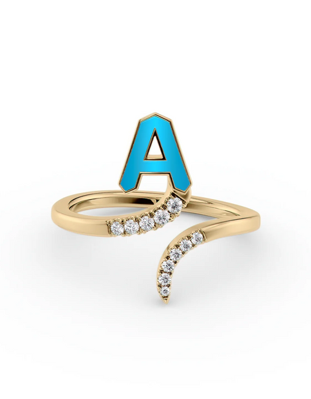Turquoise A 14K Yellow Gold Initial Letter Dainty Ring