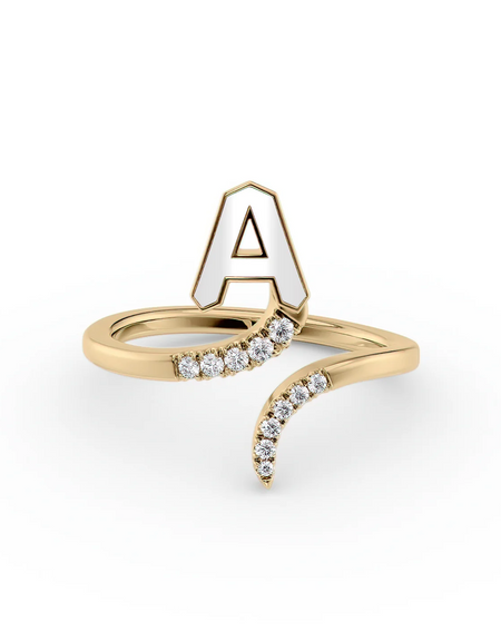 White A 14K Yellow Gold Initial Letter Dainty Ring