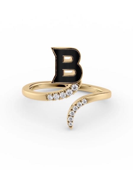 Black B 14K Yellow Gold Initial Letter Dainty Ring