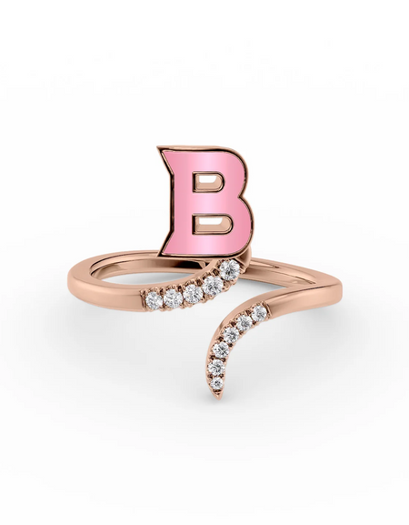 Pink B 14K Rose Gold Initial Letter Dainty Ring