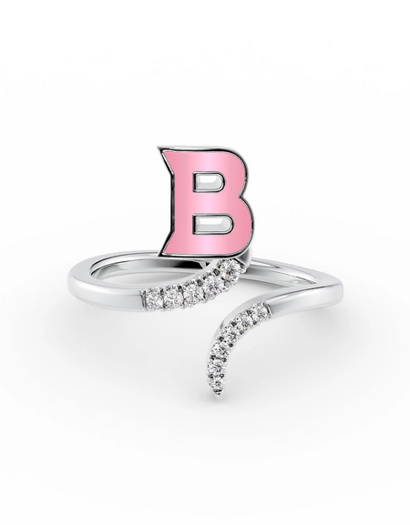Pink B 14K White Gold Initial Letter Dainty Ring