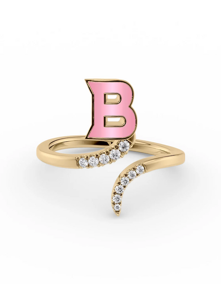 Pink B 14K Yellow Gold Initial Letter Dainty Ring