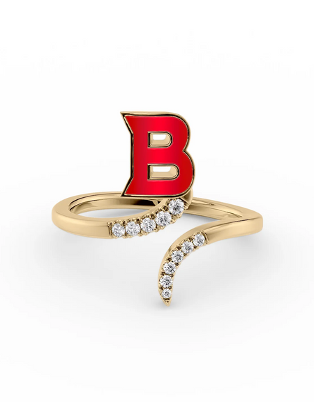 Red B 14K Yellow Gold Initial Letter Dainty Ring